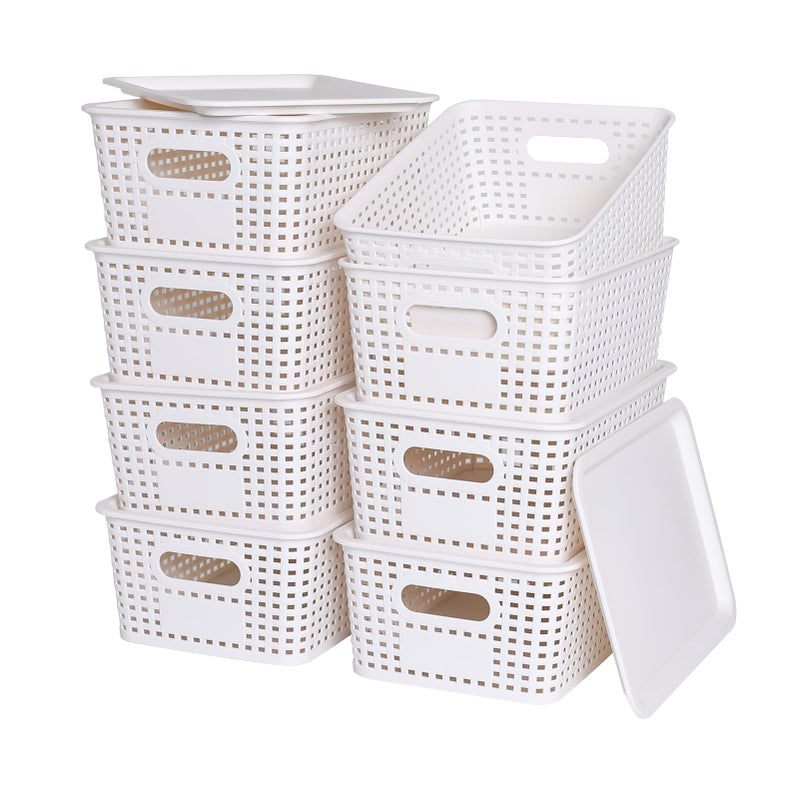 Ohmlove Plastic Storage Baskets with Lid-Plastic Storage Containers Stackable Storage bins: Storage Baskets for Organizing Shelves Drawers Desktop Closet Playroom Classroom Office 8Pack-White 10.2x7.2x4.1Inch - Image 1